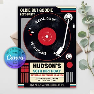 Può includere: Un invito di compleanno a tema vintage con un design di giradischi nero con accenti rossi e bianchi. L'invito include il testo "Oldie But Goodie" e i dettagli per la celebrazione del 50° compleanno di Hudson.