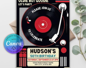 Inbjudningskort till retro vinylskiva, redigerbar Canvas-mall (digital nedladdning)