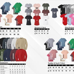 May include: A product catalog featuring various t-shirts, sweatshirts, and baby bodysuits in multiple colors. The image includes size charts for Unisex T-shirts, Women's V-necks, Baby Bodysuits, Sweatshirts, and Toddler & Youth T-shirts. Measurements are provided in inches.