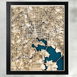 Maryland Baltimore City Map - Décoration murale - Art mural en bois 3D multicouche - Art de carte de ville personnalisé Décoration d'intérieur