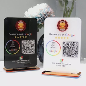 Personalisiertes Google Bewertung Zeichen mit QR Code & NFC | Feedback Tischständer für Unternehmen | Überprüfen Sie uns Display