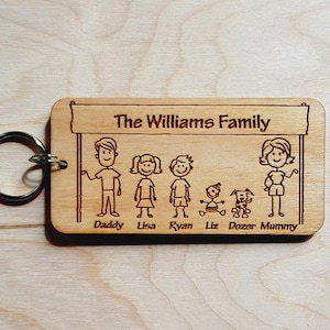 Personalised Family Keyring Wooden Gift for Dad Daddy Grandad Father&#39;s Day Custom Engraved