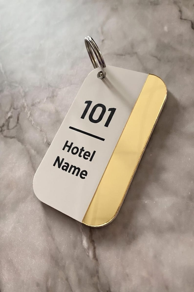 Room Key Tag Card Custom Golden-white Acrylic Hotel Keychain - Personalized Key Tag for ...