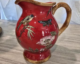 Burton + Burton Ceramic Pitcher | Red Floral Bird Butterfly Jug | 9” Vintage Cottagecore Vase