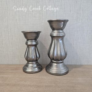 2 Vintage Pewter Colored Candle Stick Holders – Elegant Ribbed Metal Look – Home Decor Pair