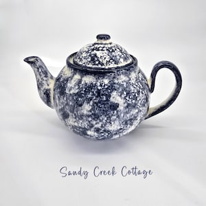 Vintage Blue Spongeware Teapot: Farmhouse Kitchen Decor