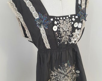 Gothic handmade beaded dress, short black evening gown, Wednesday inspired dress