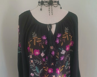 black embroidered blouses, bohemian clothing, floral tops, flower embroidery