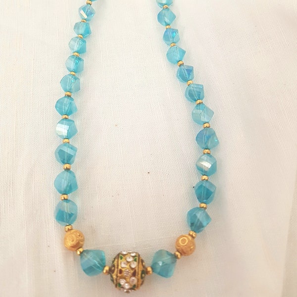 Vintage crystal necklace, turquoise colour, rhinestone rondelles, 80s does 30s