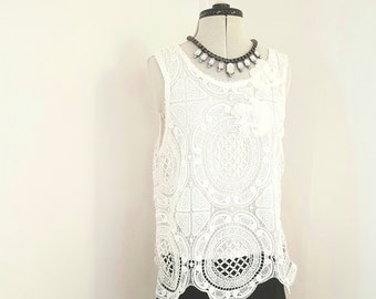 white lace tops, with flower appliques, seed beads faux pearls, white lace tank