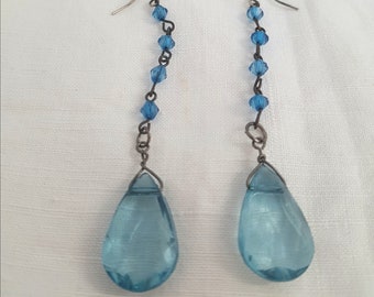 Long blue earrings, plastic beads, droplet shape, blue jewellery