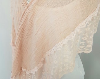 Peach lace shawl, floral trim, wedding bridal wrap, edwardian scarves,