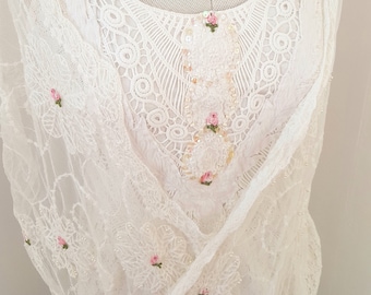boho wedding dress, form fitting dresses, beach wedding, matching lace shawl, tiny blossoms,