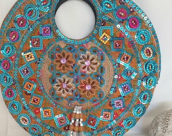 Round embroidered bags, artsy bohemian, THE ultimate purse, sequins, blue, 1990s does boho