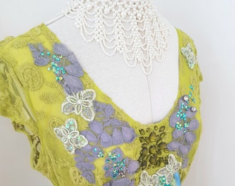 green upcycled dress, eco friendly attire, lace festival clothing, green lace dresses