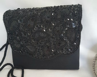 black beaded bag, 80s costume, across body purse, sequins evening handbag,