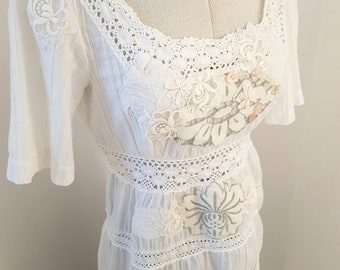 SALE boho clothing, victorian style blouse, hand embellished, white lace tops, buttons