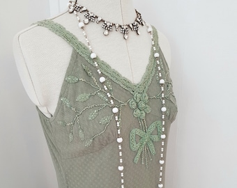 green boho dress, pintucks tulle embroidery, seed beads, crochet bohemian dress
