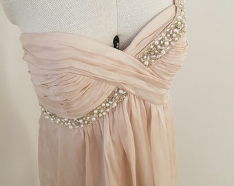 INCREDIBLE silk evening dress, champagne to peach colour, rhinestones, 90s starlet