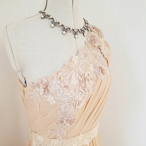 May include: A one-shoulder, blush-coloured chiffon dress with delicate floral lace detailing and a beaded belt.