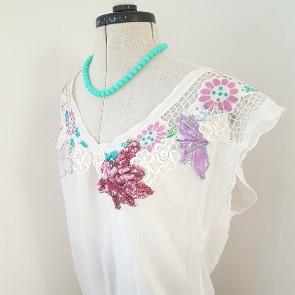 upcycled blouse, GORGEOUS summer top, happy beach times, cutwork lace, embroidery