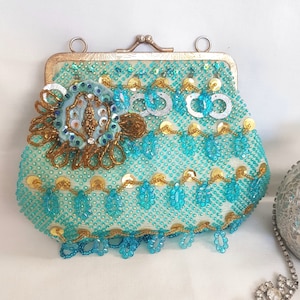 vintage 60s beaded bag, blue beaded purses, 1960s retro accessories, sea coloured droplet beads