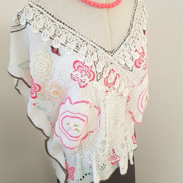 SALE Wearable art top, white lace blouse, pink floral romantic lace, boho clothing