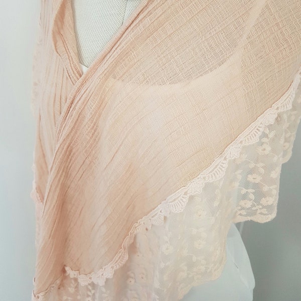 Peach lace shawl, floral trim, wedding bridal wrap, edwardian scarves,