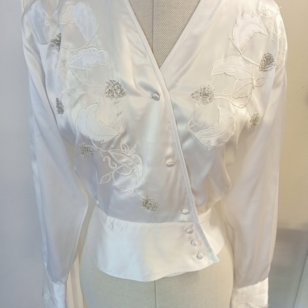 Vintage 80s blouse, Dallas Dynasty tops, white silky top, beads embroidery
