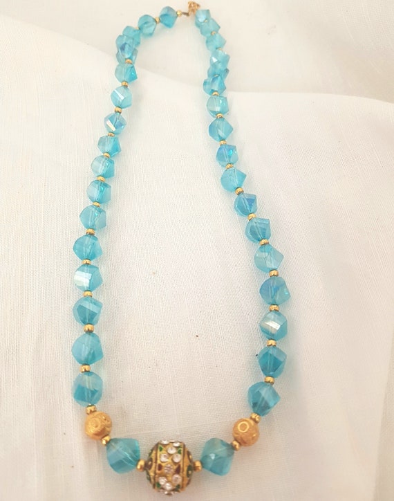 Vintage crystal necklace, turquoise colour, rhine… - image 1