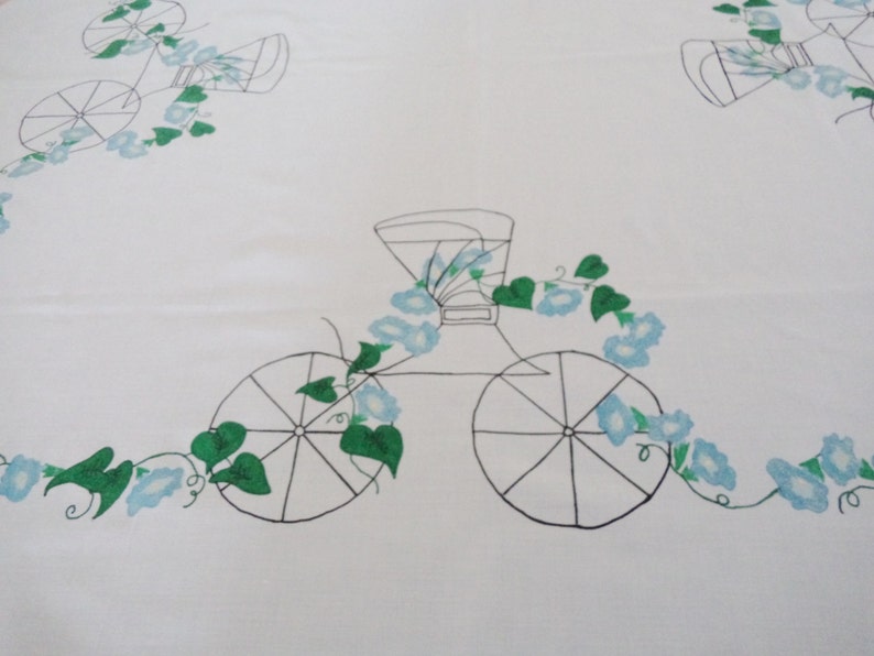 victorian carriage vintage tablecloth 80s square tablecloth ladies high tea ivy tablecloth floral tablecloth hand painted cloth