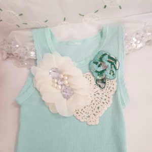 girls vest dress, hand embellished, 6 12 months, long with lace crochet applique image 5