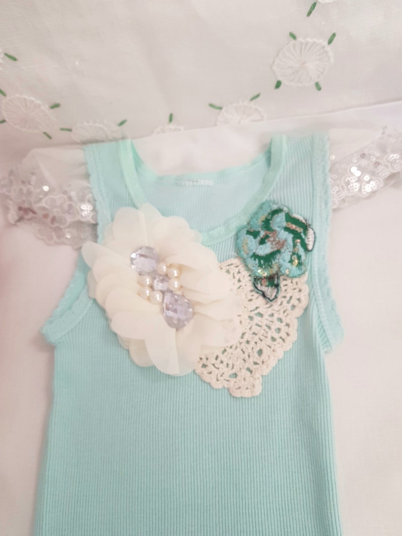 girls vest dress, hand embellished, 6 12 months, long with lace crochet applique image 5