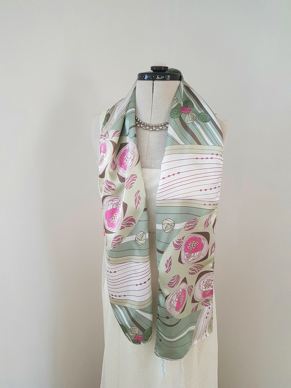 art deco print scarf, geometric roses, long pink a