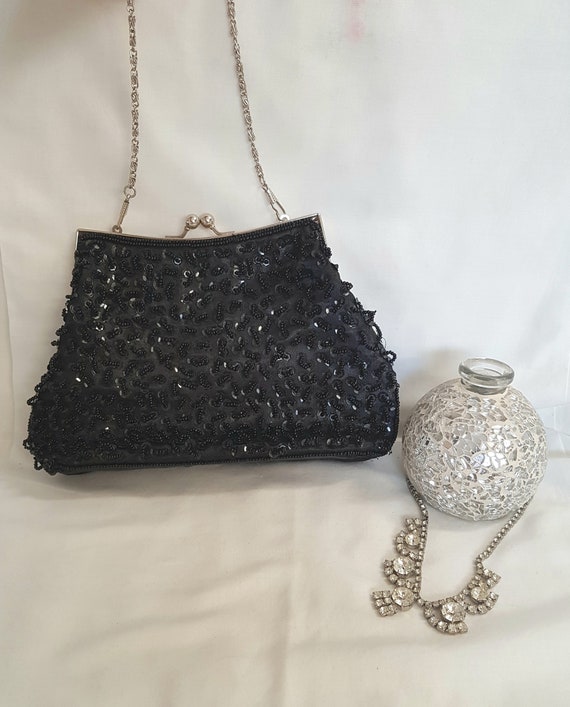 vintage beaded bag, black beaded bag, vintage purs