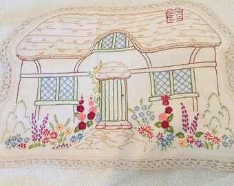 Antique 1920s doily, english cottage, floral embroidery, art deco linens,