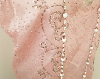 blush pink 20s look top, 90s does 1920s, AMAZING beadwork, triple hem with sash