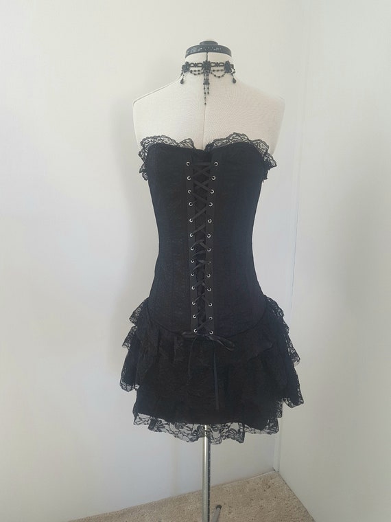 Black corset dress frilly lace laces up front and back XXS | Etsy