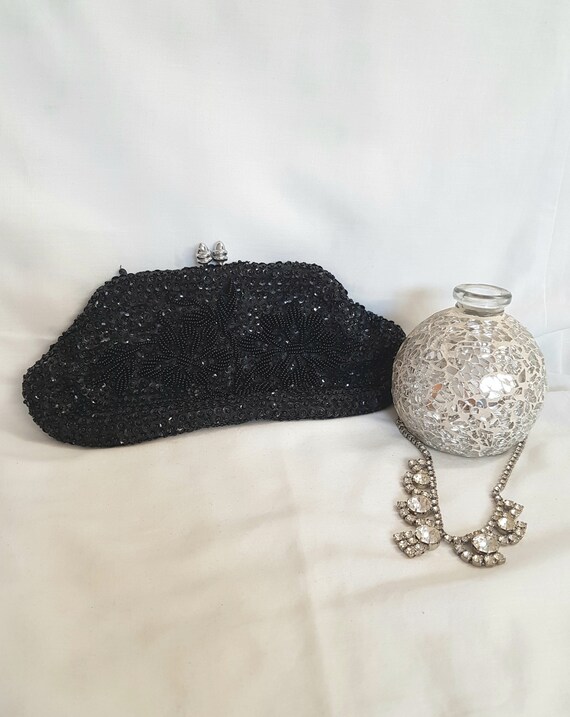 vintage beaded clutch, black evening purse, stunni