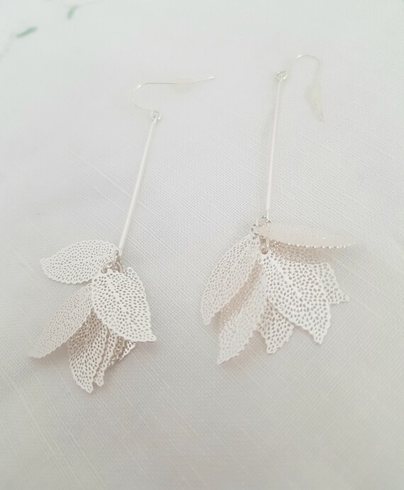 Long silver leaf earrings, silvertone dangle earr… - image 3