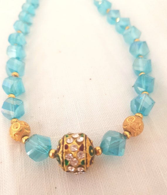 Vintage crystal necklace, turquoise colour, rhine… - image 2