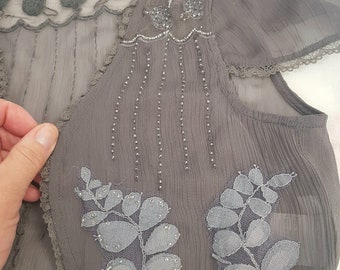 girls beaded shrug age 7 8, dark grey, silver seed beads, leaf appliques