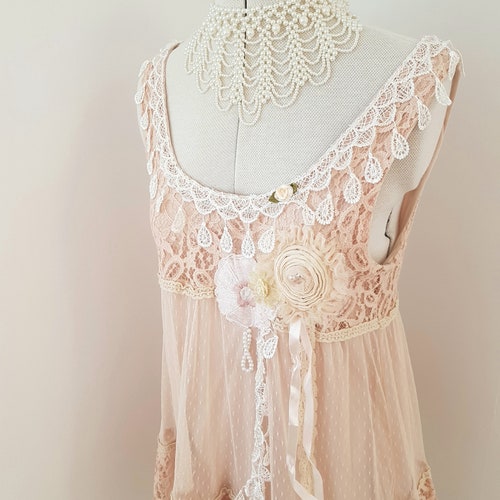 Bohemian dress, romantic boho, all lace, art to wear, popular wearable art, beige lace