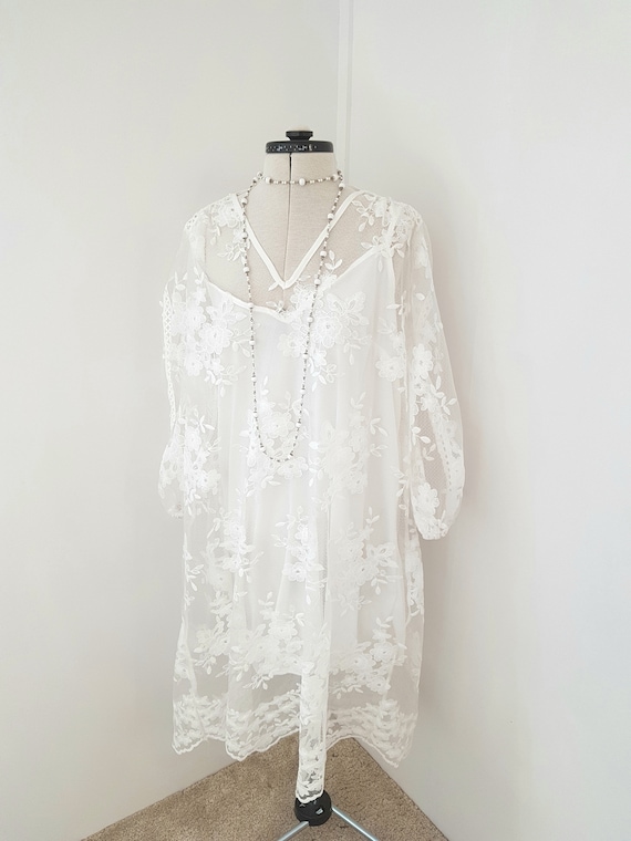 white lace dress, soft underdress, fab lace overdr