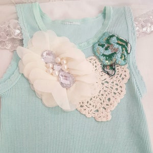 girls vest dress, hand embellished, 6 12 months, long with lace crochet applique image 2