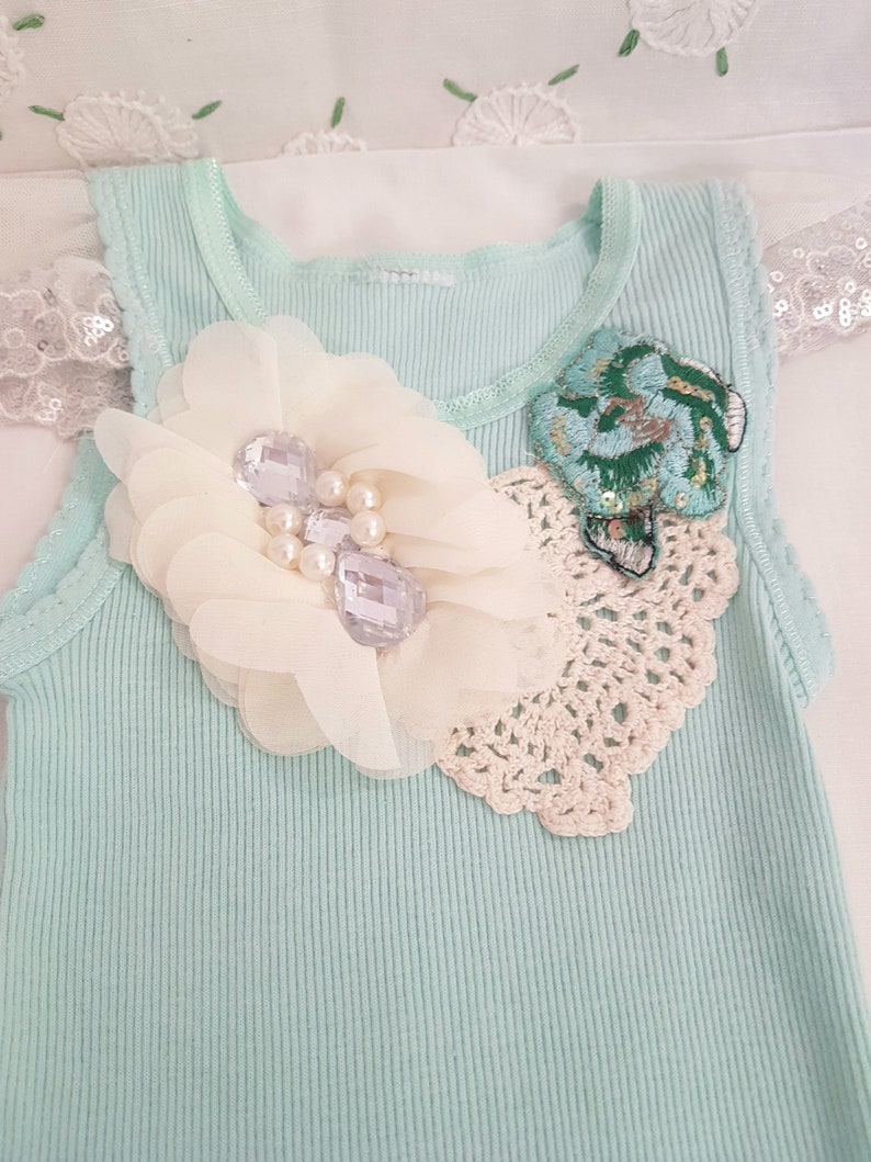 girls vest dress, hand embellished, 6 12 months, long with lace crochet applique image 2