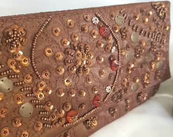 brown sequin clutch, FABULOUS beaded evening purse, embroidered with beads