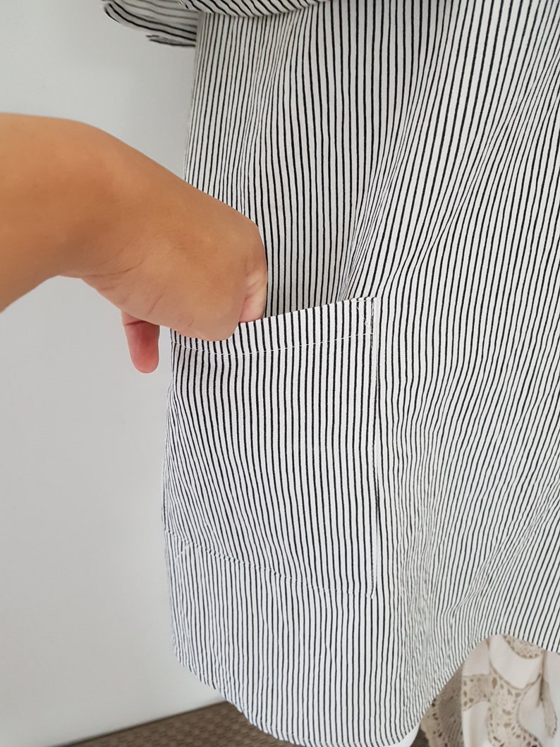 tunic patch pockets 90s off shoulder smock fine pinstripe womens smock top