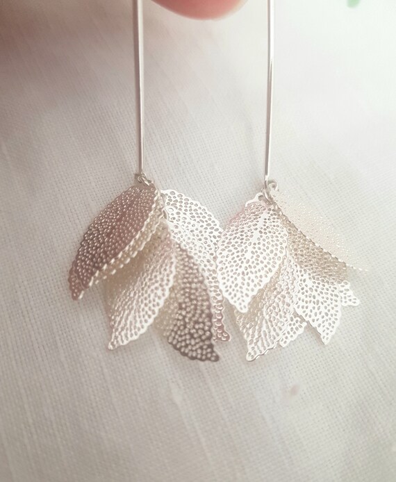 Long silver leaf earrings, silvertone dangle earr… - image 2