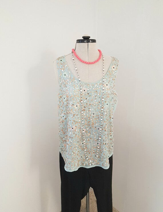 pale blue sequin top, evening tank, gold silver, … - image 3